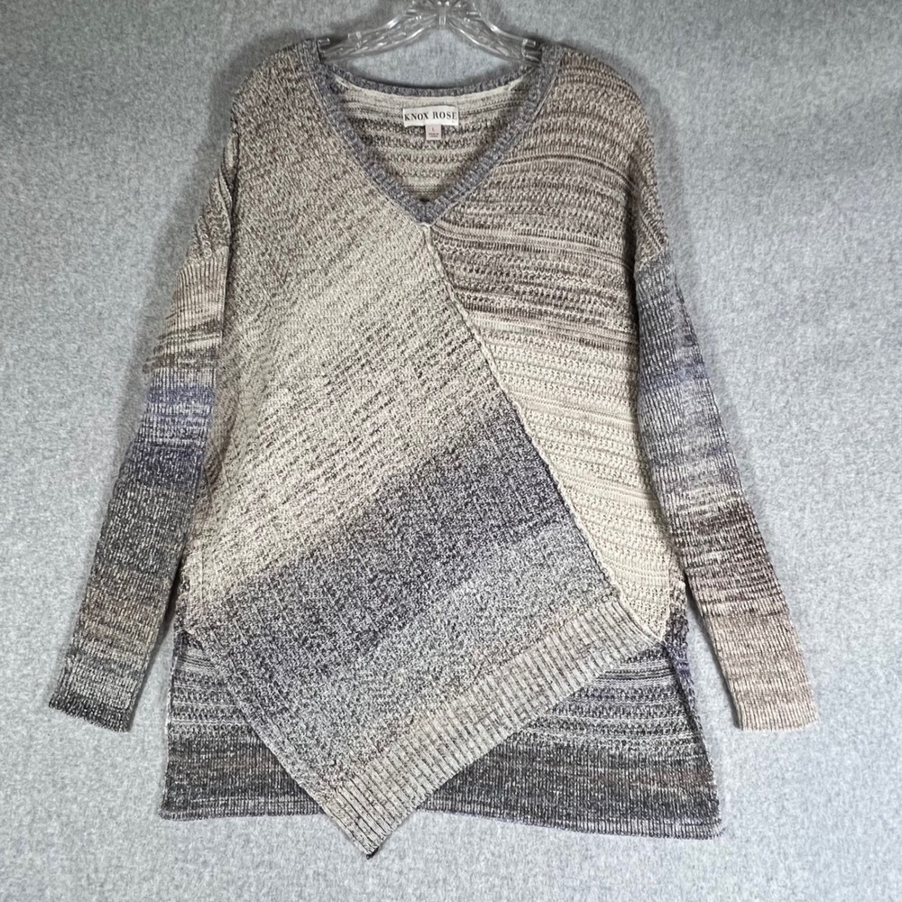 Knox Rose L Womens V-Neck Asymmetrical Knit Sweater Grey Tan‎